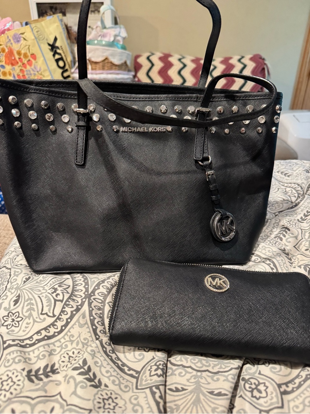 Michael Kors Black Studded Saffiano Tote with Matching Wallet